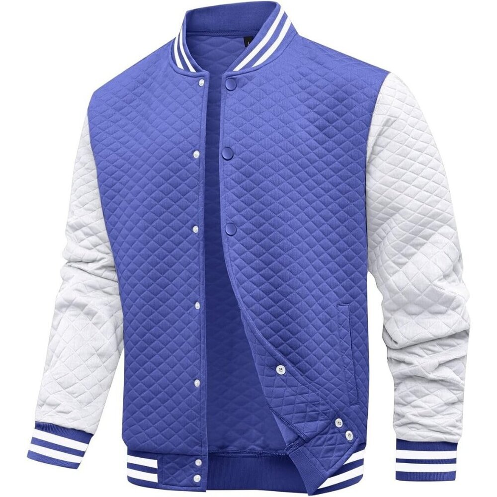 Men's Blue/White Varsity Bomber Jacket Lightweight Causal Cuffs Pockets Style